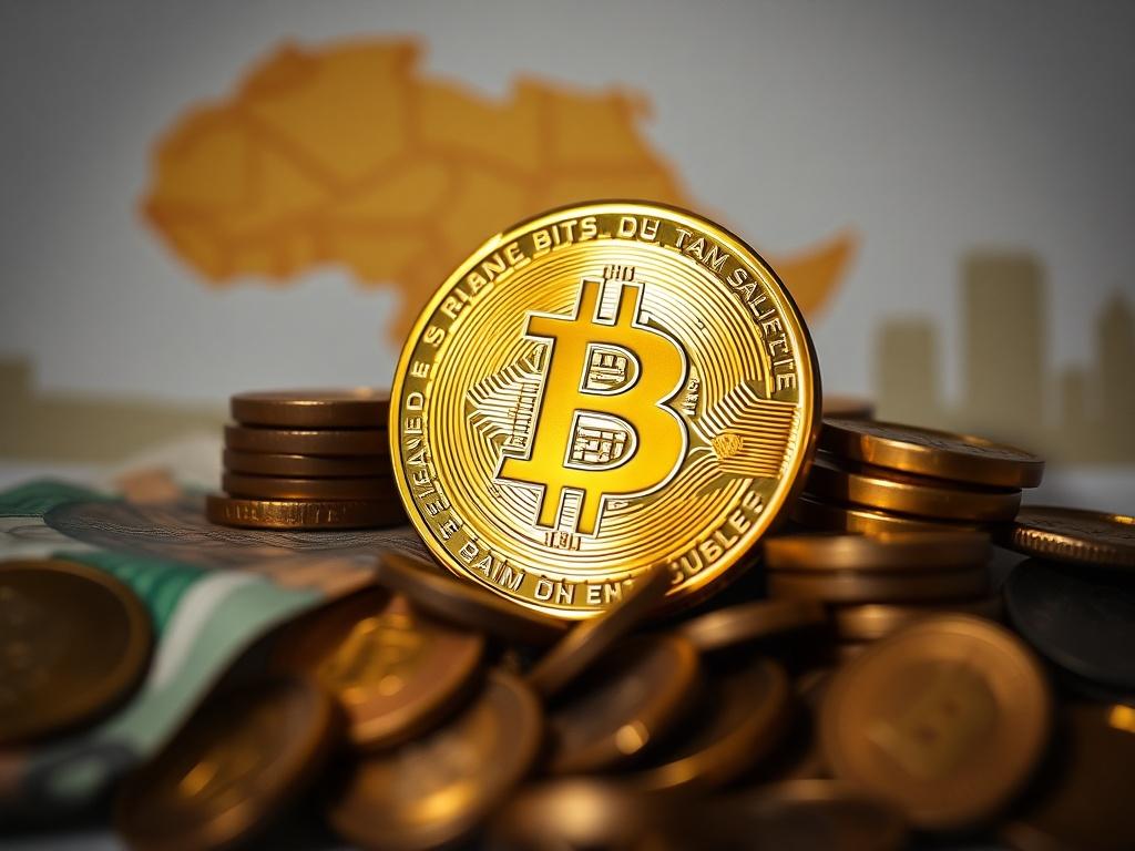 Create a high-resolution realistic image that visually represents the concept of "La monnaie" focusing on its various types, including traditional currency as well as cryptocurrencies like Bitcoin. The composition should be simple and clear, featuring a single subject: a shiny Bitcoin nestled among a few scattered traditional coins, such as a modern banknote and local African currency. The Bitcoin should be prominently positioned in the center, showcasing its unique design and gleam to draw the viewer's att