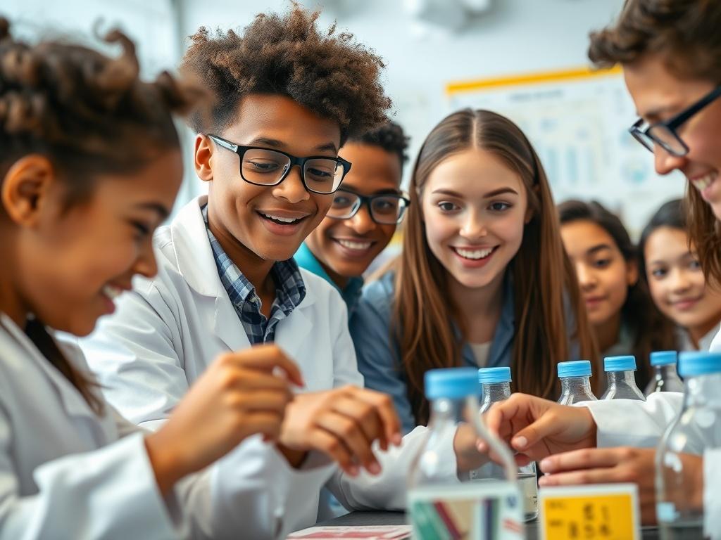 A close-up shot of a diverse group of enthusiastic young people engaged in a scientific workshop, showcasing hands-on experiments and collaboration. The setting is bright and modern, with scientific equipment and charts in the background. The composition focuses on the expressions of curiosity and excitement, emphasizing the importance of education and scientific training. The colors are vibrant, with an emphasis on the primary color rgb(50, 170, 39).