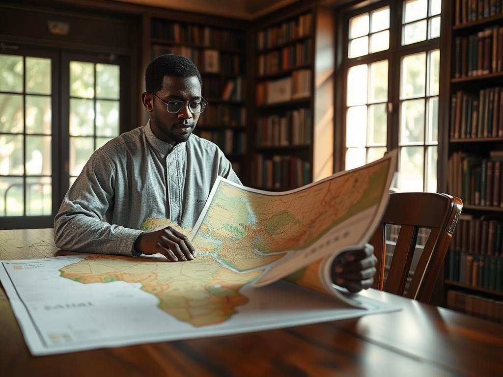 Create a highly detailed, realistic high-resolution photo illustrating a lone scholar sitting at a wooden table, deeply engaged in reading an extensive map of the Sahel region. The scholar is of African descent, reflecting a thoughtful expression that conveys a sense of determination and insight. He is dressed in professional attire—perhaps a traditional African shirt paired with modern trousers—to symbolize the fusion of culture and contemporary governance.

The background should showcase a softly blurred 