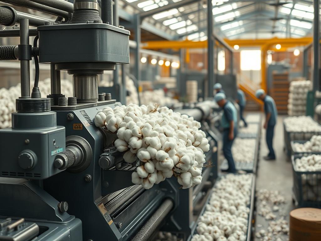 Create a highly realistic high-resolution photo depicting the transformation of cotton in an industrial setting. The image should focus on a single, detailed cotton processing machine, showcasing its intricate components and functionality. The machine should be positioned centrally against a softly blurred background of a cotton processing plant, illustrating a busy but organized workspace filled with cotton bales and workers in motion.

The lighting should be bright and inviting, highlighting the textures 