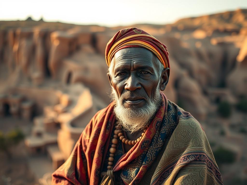 Create a realistic high-resolution photo capturing the essence of the Dogon people's history and culture. The image should feature a single, elderly Dogon man dressed in traditional attire, sitting proudly against the backdrop of the stunning cliffs of Bandiagara, which are a significant geographic and cultural landmark for the Dogon community. 

The man should be portrayed with deep wrinkles and expressive features, showcasing his wisdom and connection to his heritage. His attire should be vibrant and intr
