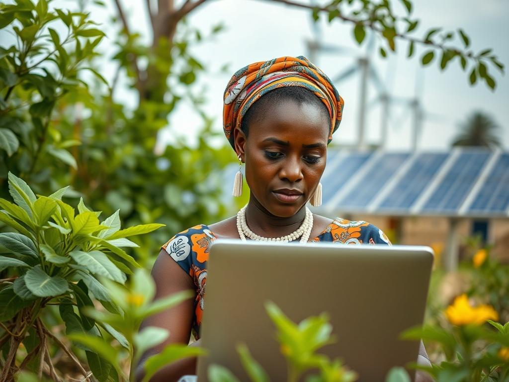 Create a realistic high-resolution photo featuring a single subject that embodies the theme of "L'Intelligence Artificielle au Service du Développement Durable en Afrique." The focal point should be a thoughtful African woman, dressed in traditional attire, engaged with a laptop in an outdoor setting. She should be depicted in a serene rural environment, surrounded by lush greenery symbolizing sustainability, with subtle elements of technology, such as solar panels or wind turbines, in the background to rep