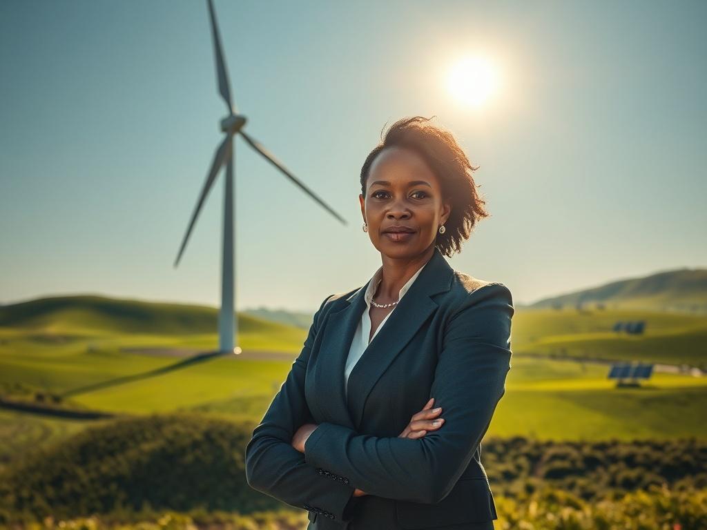 Create a highly detailed and realistic high-resolution image reflecting the theme of "Souveraineté énergétique de l'AES." The composition should be simple and clear, featuring a solitary figure standing confidently in front of a large wind turbine in a vast, open landscape under a bright blue sky. The subject, a middle-aged African woman dressed in professional attire, should be looking directly at the camera with a determined expression, symbolizing leadership and empowerment in energy independence.

The b