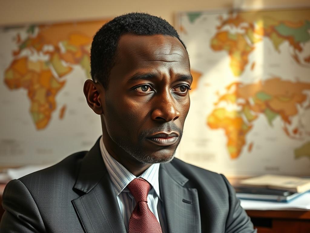 Create a highly detailed, realistic high-resolution photo that captures the essence of the blog titled "Les enjeux politiques au Sahel." The composition should feature a single, prominent subject: a thoughtful African political analyst in mid-discussion. This subject should be dressed in formal attire, displaying a look of deep concentration and engagement, reflecting an intellectual approach to the complexities of Sahel's political landscape.

The background should depict a simple yet relevant setting: an 