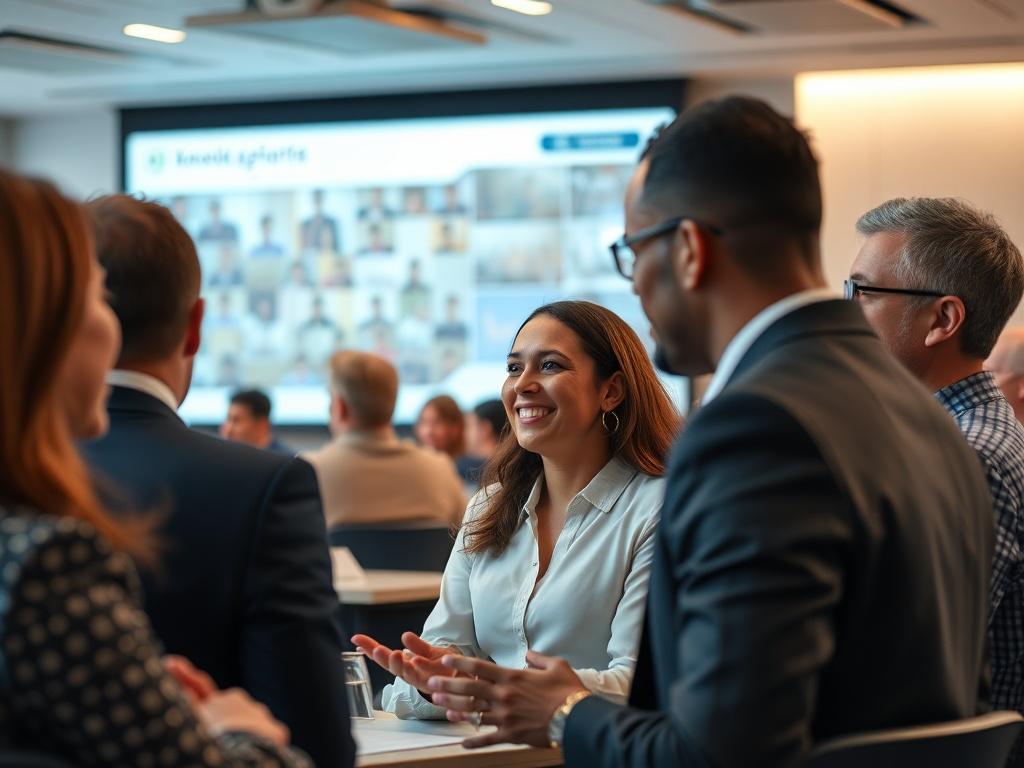 A high-resolution close-up shot of a diverse group of professionals engaged in a lively discussion during a conference. The setting should showcase a well-lit conference room with modern decor. The focus should be on two or three individuals, representing various backgrounds, actively exchanging ideas, with a projector displaying relevant content in the background. The image should convey a sense of collaboration and engagement, emphasizing the importance of knowledge sharing.