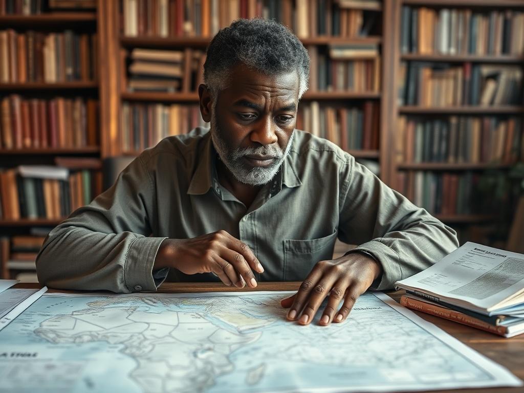 **Prompt for AI Image Generation:**

Create a realistic high-resolution photo that captures the essence of the blog titled "Défis Géopolitiques au Sahel." The focal subject should be a confident and contemplative African scholar, a middle-aged man with a thoughtful expression, sitting at a rustic wooden table covered with maps and documents. He is deeply analyzing a detailed map of the Sahel region spread out before him, pointing at key strategic areas with his right hand. The background should consist of a