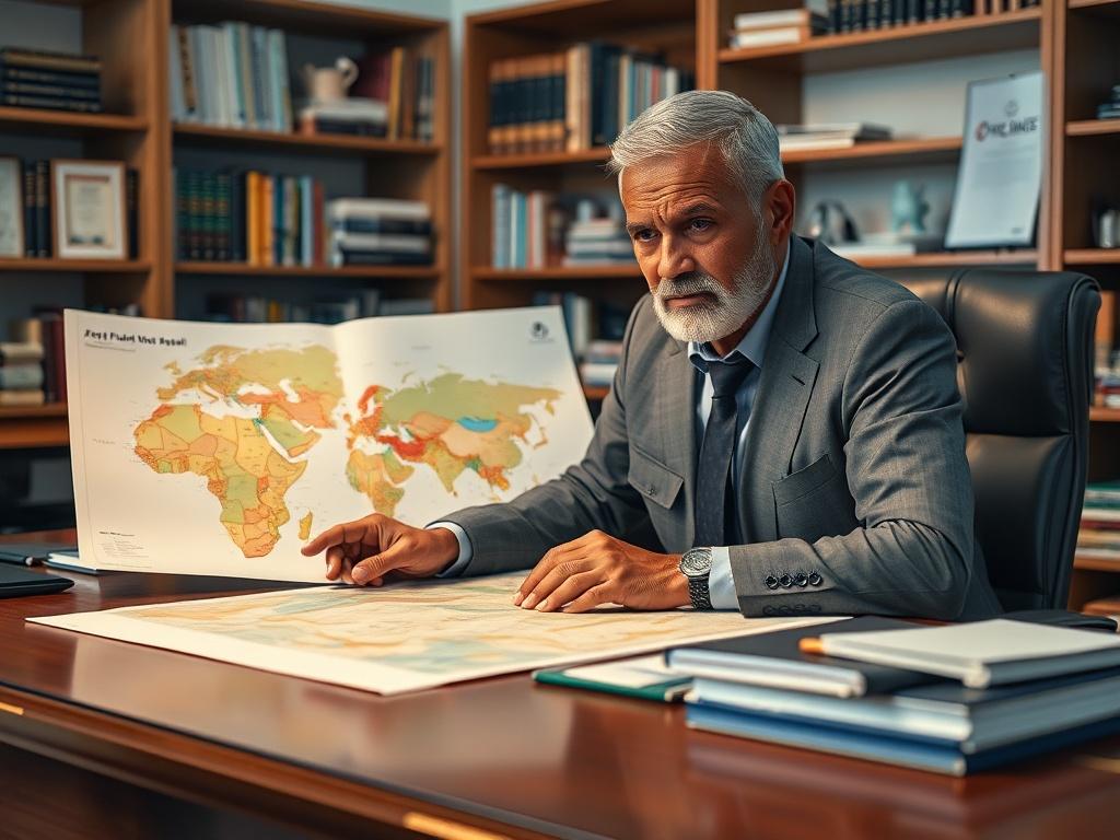 Create a realistic high-resolution photo that embodies the concept of the transformation of the Confédération des États de l'Alliance du Sahel (AES) into a Federation. The composition should be simple and clear, featuring a single, prominent subject: a seasoned African geopolitical analyst, a middle-aged man with a thoughtful expression, who is reviewing maps and documents related to the AES and its progression toward a federation. 

The subject should be seated at a polished wooden desk, surrounded by vari