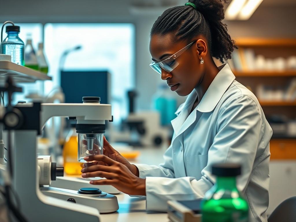 Create a realistic high-resolution photo depicting a focused professional in an educational setting, symbolizing the theme "La formation scientifique et technique pour l'avenir de l'AES". The subject should be a young African woman wearing a lab coat, deeply engaged in a hands-on scientific experiment at a modern laboratory bench. She should be examining a piece of advanced equipment with curiosity and determination in her expression, reflecting the empowerment that comes from technical and scientific train