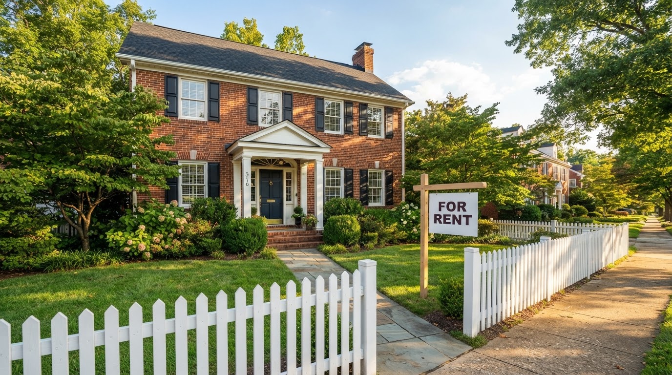 A brick colonial rental home with a fenced yard and a for-rent sign in bright afternoon light