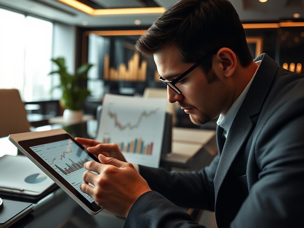 A close up shot of a thoughtful investor analyzing market