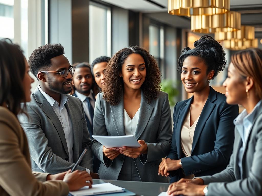 A high-resolution photo of a diverse group of professionals engaged in a strategic discussion in a luxurious modern office setting. The image features individuals of different ethnicities, dressed in business attire, showcasing a collaborative atmosphere. Natural lighting filters through large windows, highlighting gold and white tones in the decor. The composition captures the essence of aspiration and authenticity, emphasizing a sense of unity and professionalism.