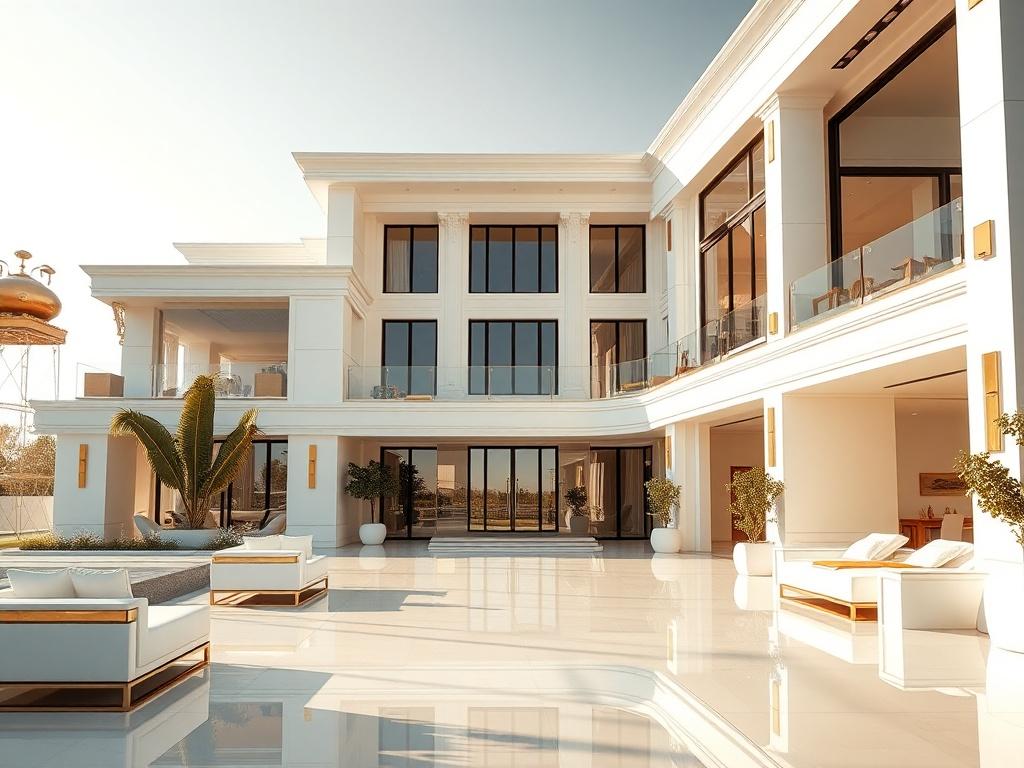 A clear, sharp image of a modern luxury mansion featuring gold and white accents. The mansion should be elegant and high-end, showcasing architectural details that exude sophistication. Warm natural lighting should bathe the scene, enhancing the luxurious feel. The image composition should be simple and focused on the mansion as the main subject.