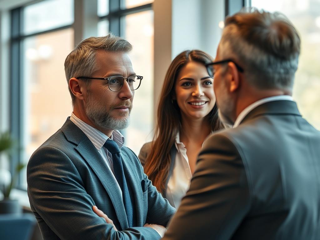 A close-up shot of a professional consultant engaged in a conversation with a client in a modern office setting, with a warm and welcoming atmosphere, natural light coming through large windows.