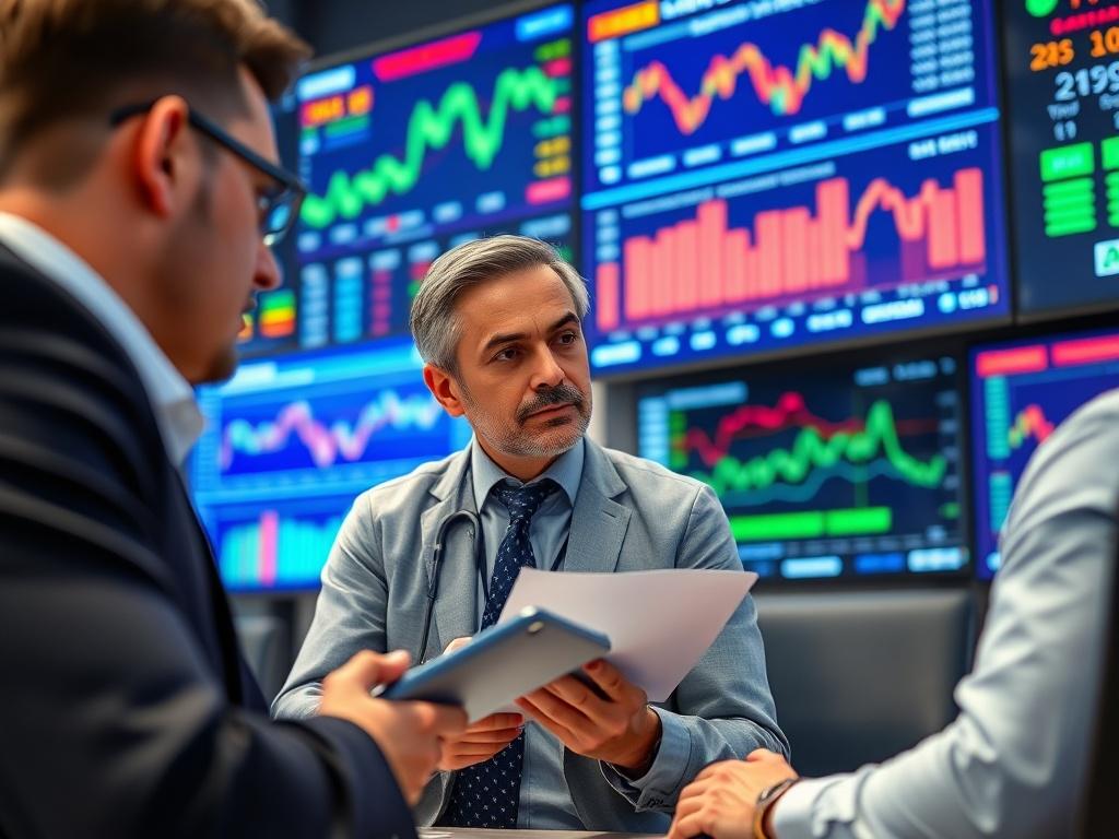A dynamic shot of a consultant discussing AGS investment options with a client, featuring vibrant screens displaying investment data and market trends.