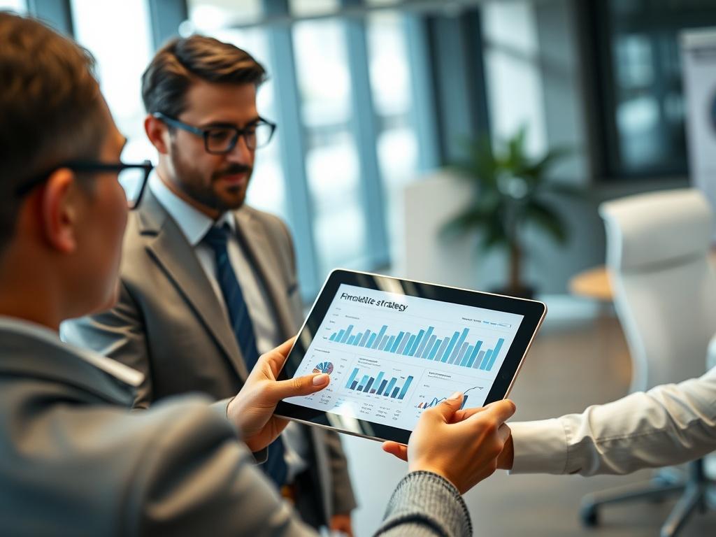 A high-resolution image of a financial consultant presenting a portfolio strategy on a digital tablet to a client, showcasing graphs and charts in a bright, modern office.