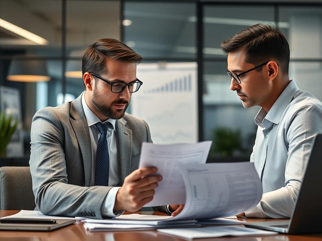 A focused image of a consultant reviewing financial documents with a client, surrounded by charts and financial reports in a sleek office environment.