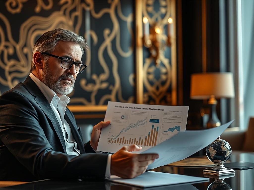 A hyper-realistic image of a confident investor discussing credit strategies with a consultant in an upscale office. The background features luxurious textures in black and gold, emphasizing a sophisticated environment. The focus is on the documents and visual aids used to illustrate credit strategies, creating a sense of professionalism.