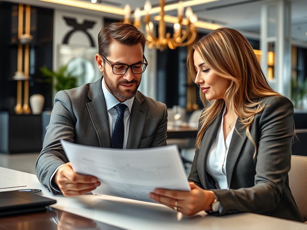 A close-up shot of a professional consultant reviewing a financial document with a client in a modern office setting. The background features elegant decor with black, white, and gold accents, creating a luxurious atmosphere. The focus is on the interaction between the consultant and the client, showcasing trust and professionalism.