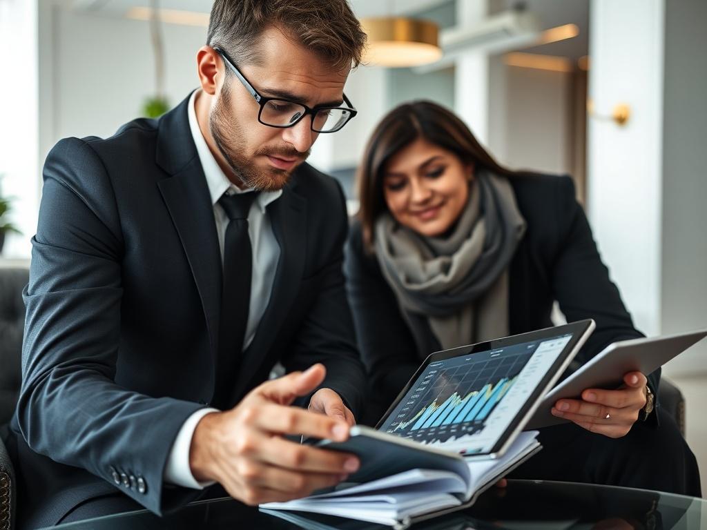 A close-up shot of an investor examining market trends on a digital device while consulting with a financial expert. The setting is modern and elegant, featuring black, white, and gold elements. The image captures the dynamic exchange of ideas and the focus on strategic investment planning.