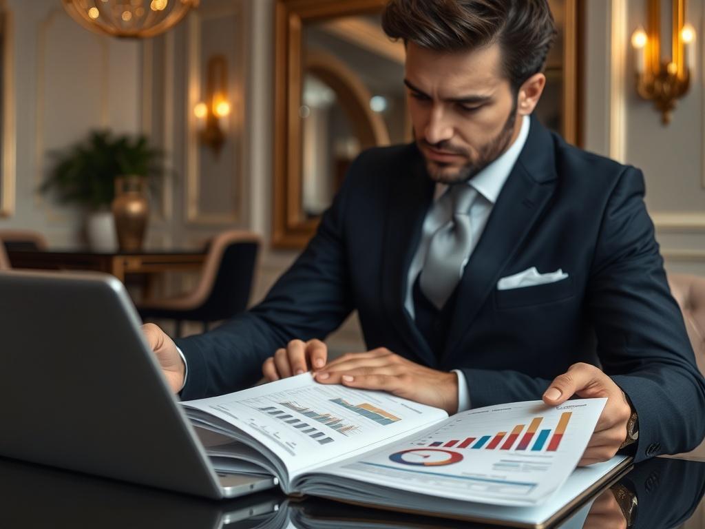 A luxurious close-up shot of a confident business professional in a tailored suit, reviewing financial documents and a laptop with graphs and charts. The background features a modern, elegant office setting with soft lighting and gold accents. The professional looks engaged and focused, embodying the essence of capital readiness and investment strategy.