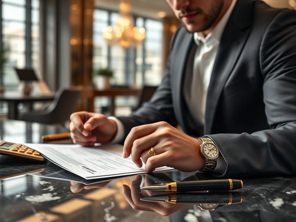 A luxurious close-up shot of a confident individual reviewing financial documents on a polished marble desk, with a golden calculator and a sleek pen beside them. The background features a softly blurred view of a high-end office environment, emphasizing a sense of professionalism and wealth. The overall color scheme incorporates black, white, and gold tones, aligning with a sophisticated aesthetic.