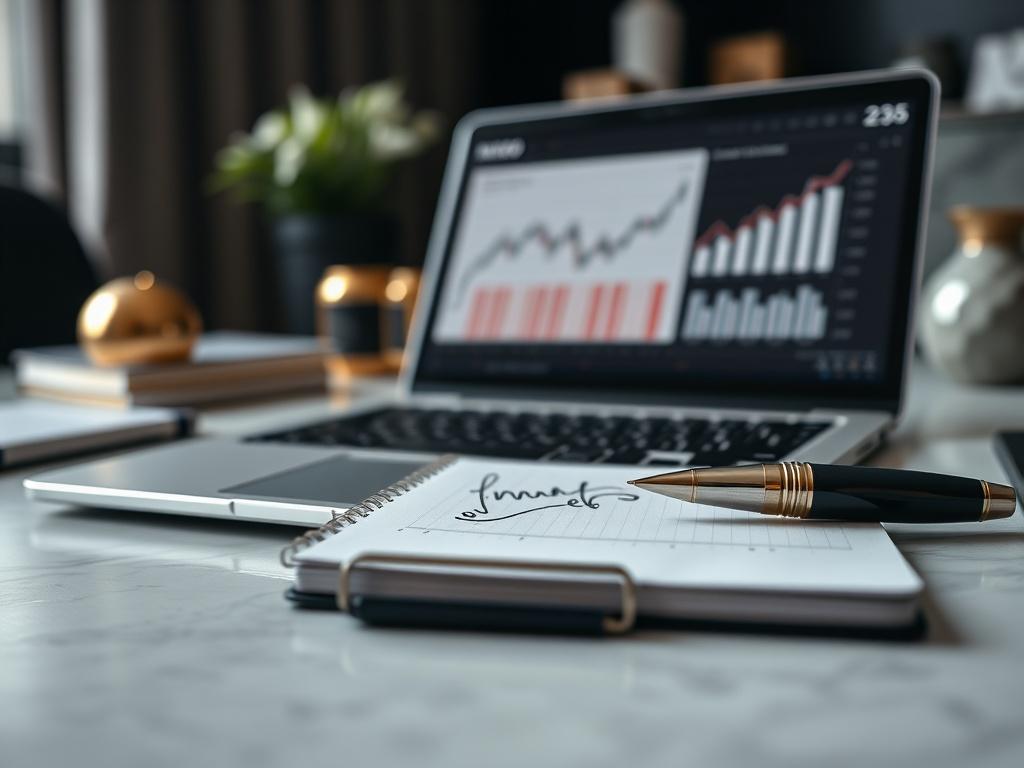 A close-up shot of a luxurious financial advisor's desk, featuring a sleek laptop displaying investment graphs, a notepad with elegant handwriting, and a high-end pen resting beside it. The background should be softly blurred, emphasizing the sophistication of the workspace, with subtle touches of black, white, and gold decor to reflect a premium atmosphere.