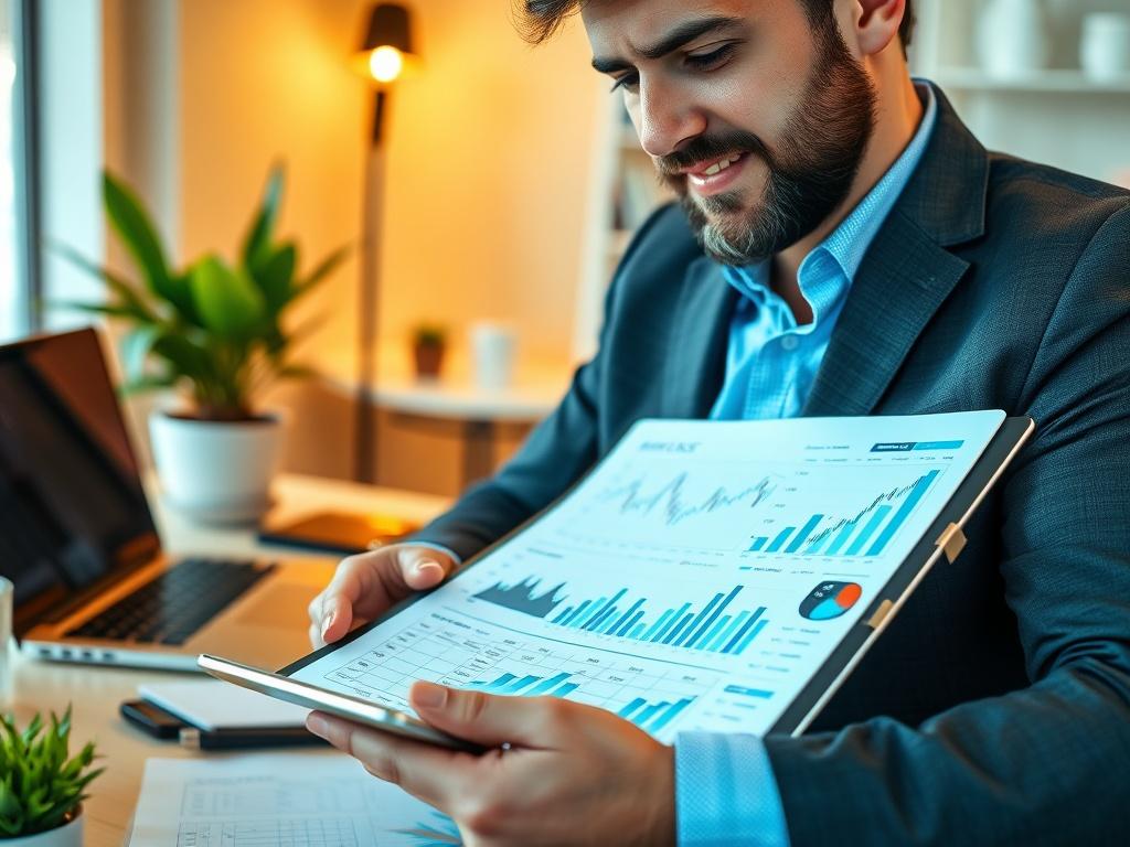 A close-up shot of a confident investor reviewing financial documents and graphs on a sleek tablet, in a modern and stylish office setting. The background features a well-organized desk with a laptop, a potted plant, and a minimalist decor. The lighting is warm and inviting, creating an atmosphere of professionalism and opportunity.