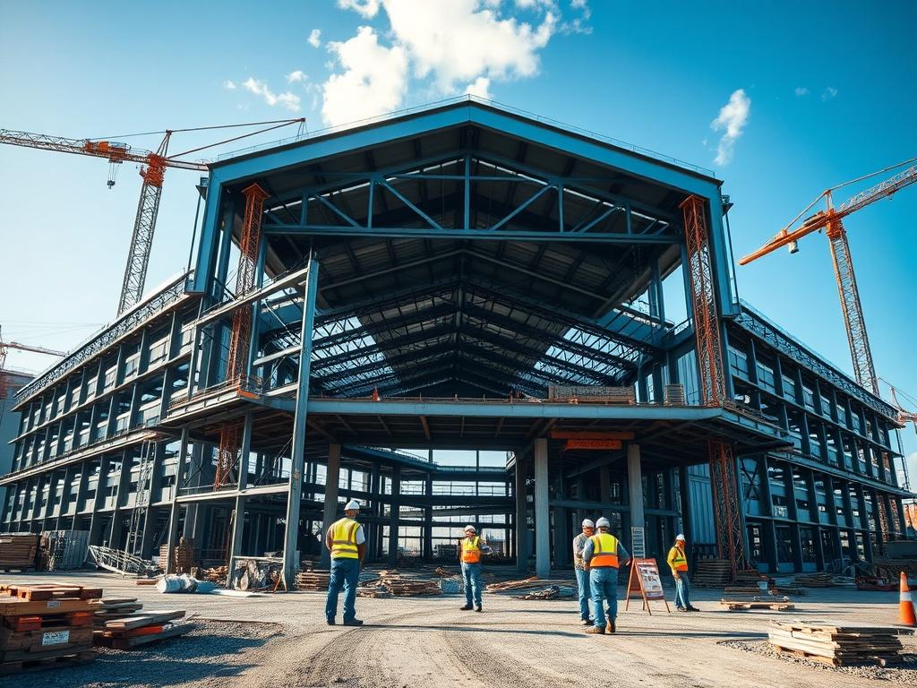 A modern industrial hall under construction, showcasing steel structures and