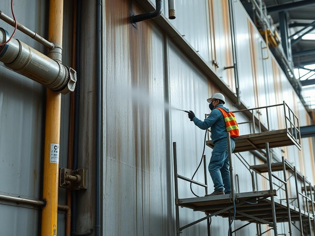 An industrial building undergoing corrosion treatment, showing workers applying protective