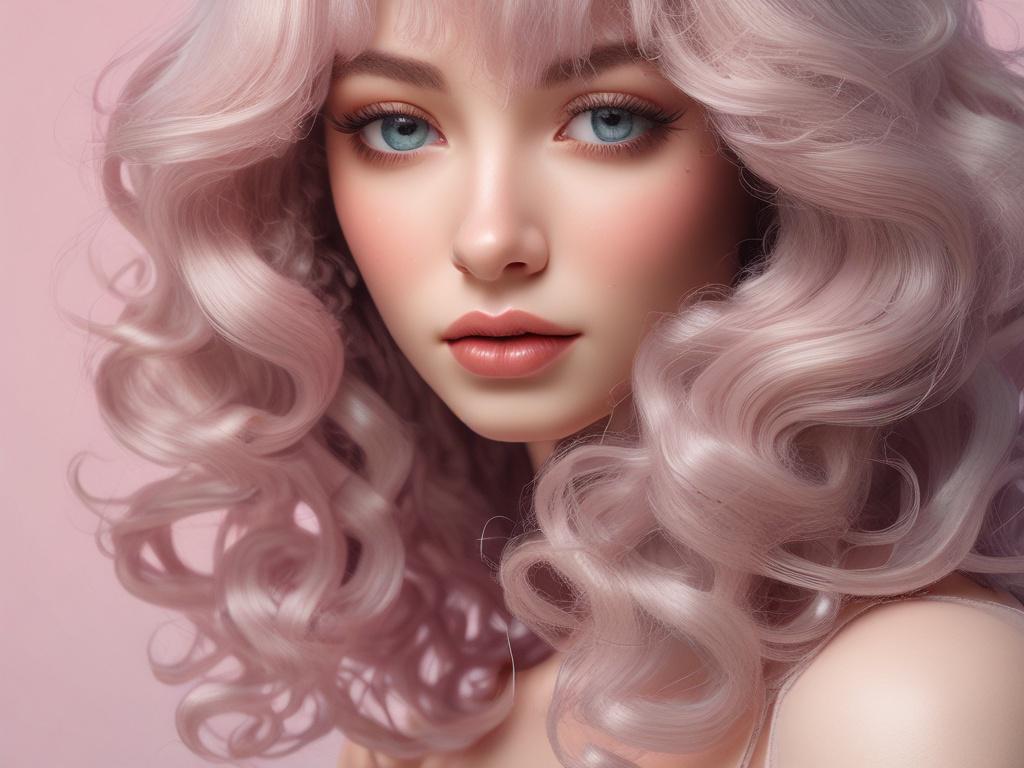 A hyper-realistic close-up shot of a luxe ringlet human hair wig on a plain pastel background. The ringlets are tight and bouncy, demonstrating a lively and voluminous look. The lighting captures the depth and shine of the hair, providing a stunning visual effect, shot with a 45mm f/1.2 lens.