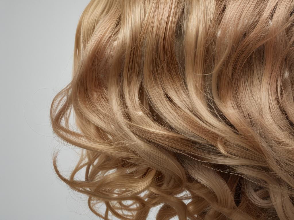 A hyper-realistic close-up shot of an elegant loose wave human hair wig on a clean, neutral background. The waves are soft and flowing, showcasing a natural and elegant look. The lighting highlights the hair's texture and shine, creating a captivating visual, shot with a 45mm f/1.2 lens.