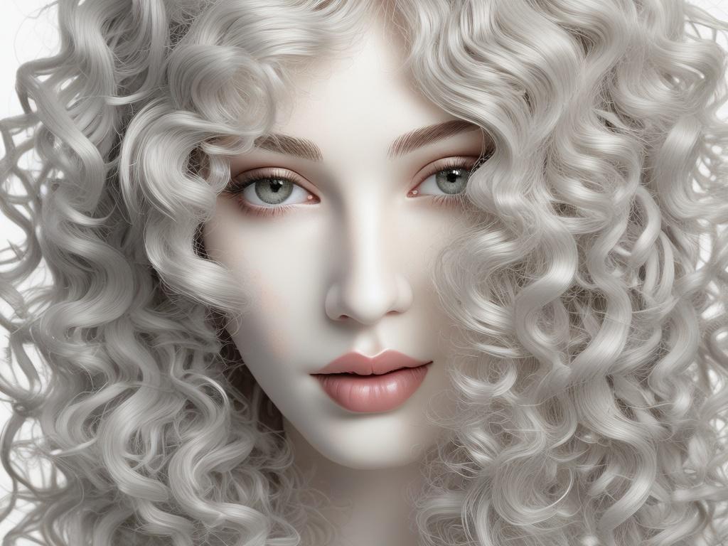 A hyper-realistic close-up shot of a super full human hair curly wig displayed on a simple white background. The wig features a natural wave pattern with rich curls, showcasing its volume and texture. The lighting accentuates the shine of the hair, creating a lifelike appearance, shot with a 45mm f/1.2 lens.