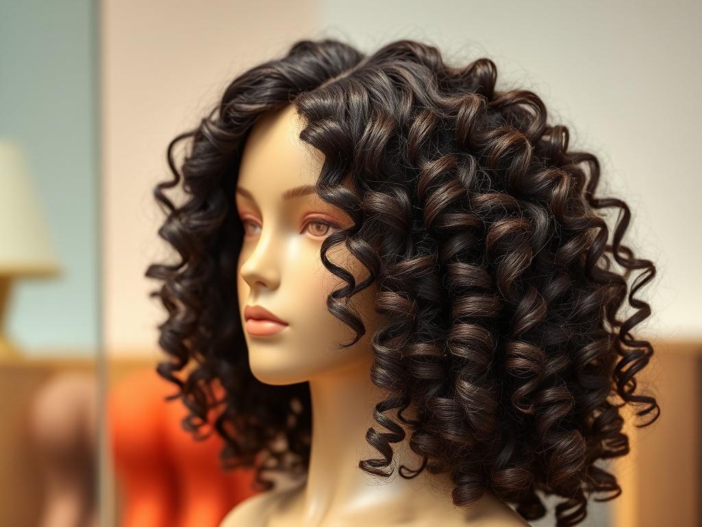 Create a high-resolution image featuring a stunning curly super full human hair wig displayed elegantly on a mannequin. Focus on the details of the curls and the natural shine of the hair, with a soft and blurred background to keep the attention on the wig. Use a 45mm f/1.2 lens style to highlight the wig's texture, ensuring it aligns with the rgb(50, 170, 39) primary color scheme.