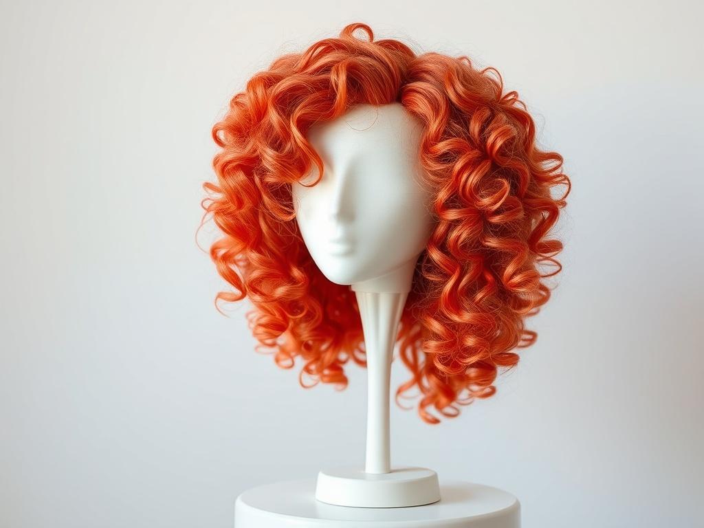 Create a high-resolution image that features a well-maintained super full human hair wig in a vibrant, curly style. The wig should be the focal point, placed on a simple, elegant stand against a softly blurred background. Use a 45mm f/1.2 lens style to capture the intricate details of the hair texture and color, ensuring it resonates with the rgb(50, 170, 39) primary color theme.