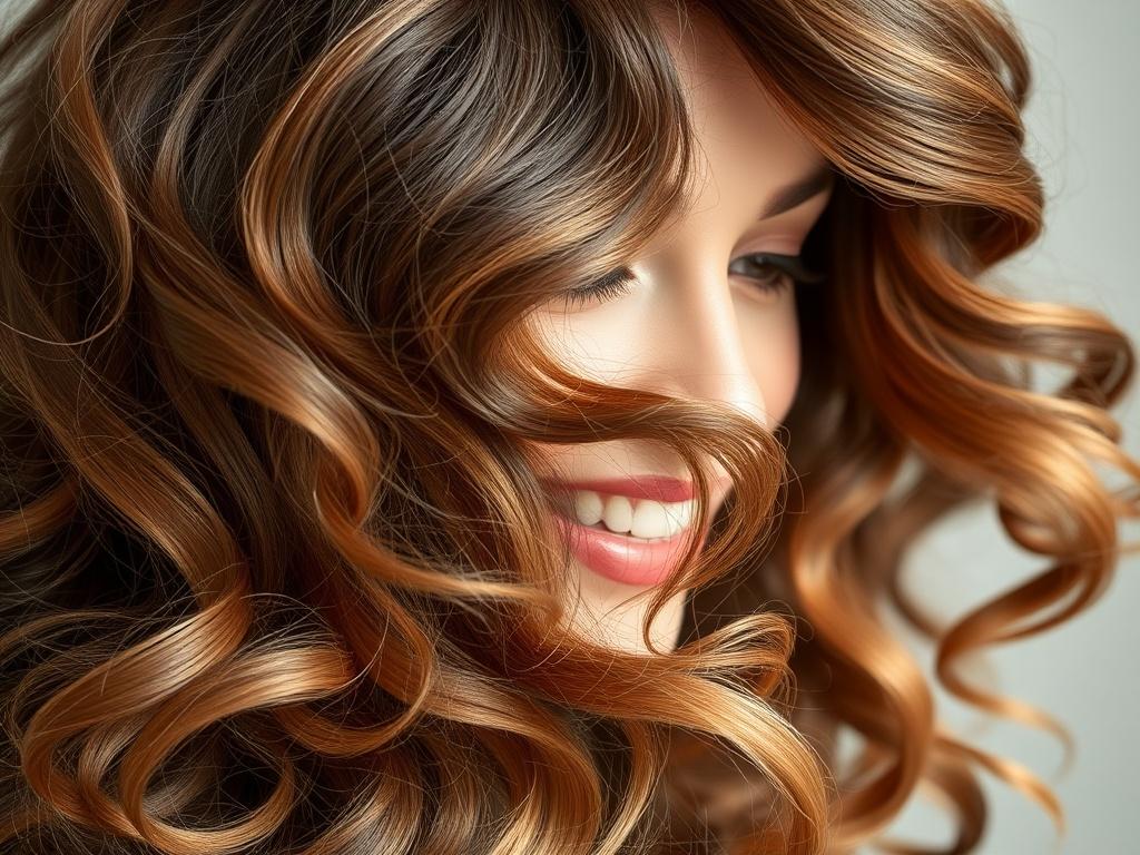 A hyper-realistic close-up of a super full human hair wig featuring bouncy waves, captured with a 45mm f/1.2 lens. The wig should exude a joyful vibe with a radiant shine, against a blurred, soft background to emphasize the styling and texture.
