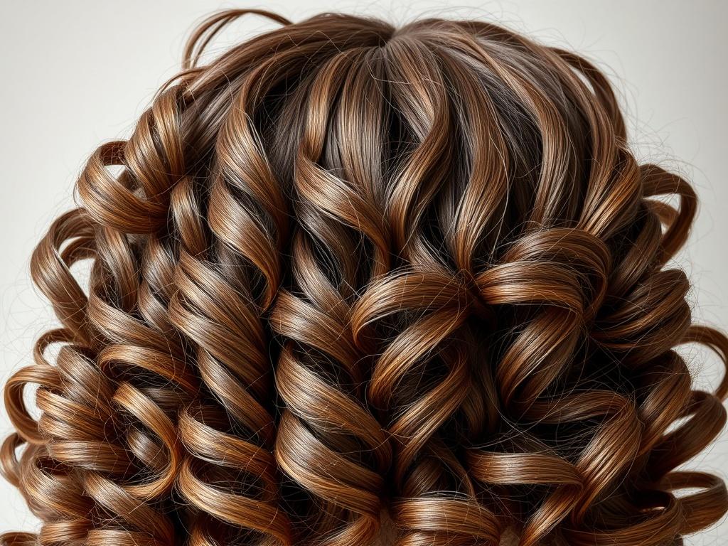 A hyper-realistic close-up of a luxurious human hair wig with cascading curls, shot with a 45mm f/1.2 lens. The wig should showcase rich, vibrant curls with a natural shine, placed against a soft-focus, neutral background to highlight the wig's details.