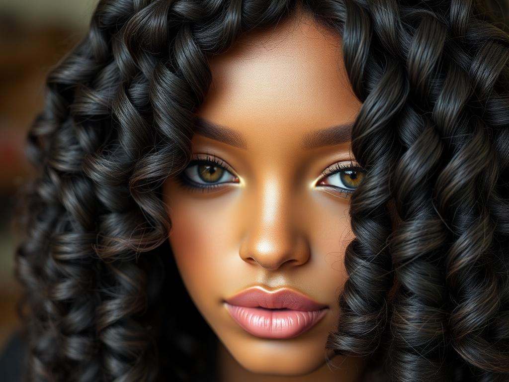A hyper-realistic close-up of a super full human hair wig featuring perfectly defined ringlets, taken with a 45mm f/1.2 lens. The wig should highlight the intricate curls with a shiny finish, against a softly blurred background to draw attention to its beauty.