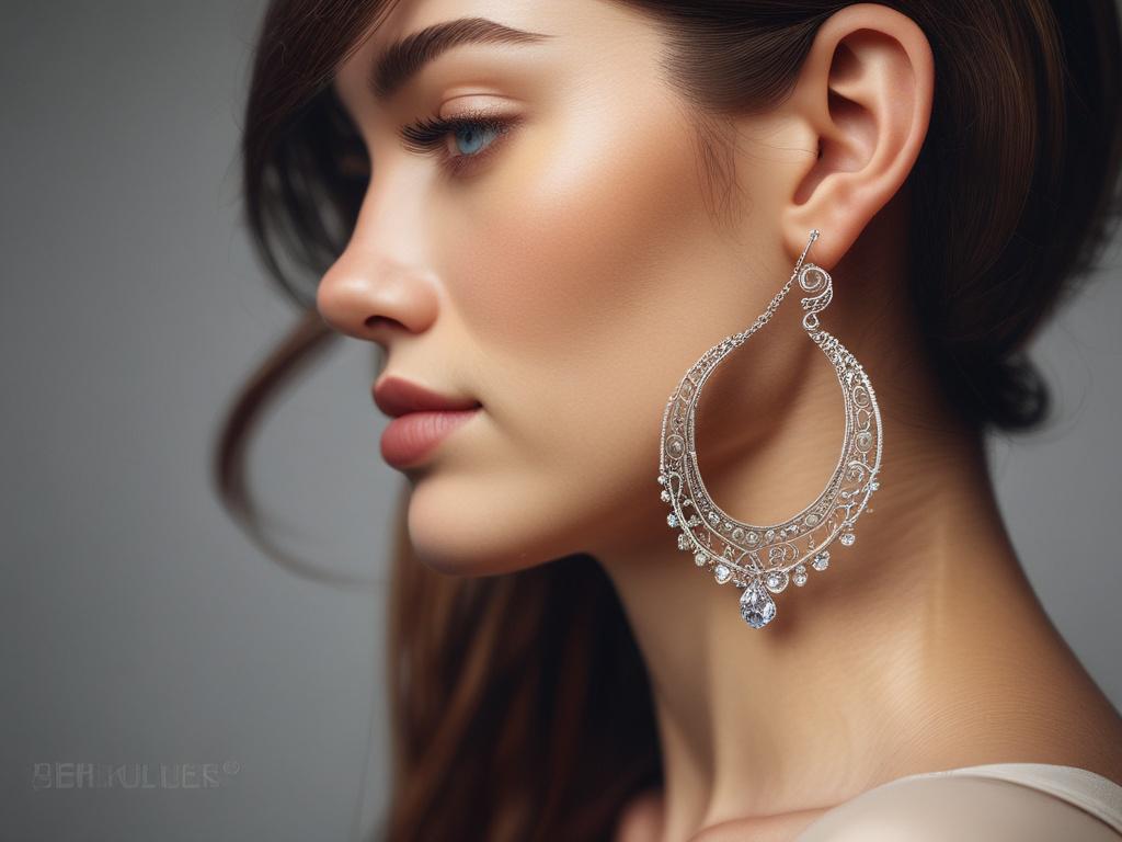 Close up shot of premium earrings, hyper realistic detail, focus