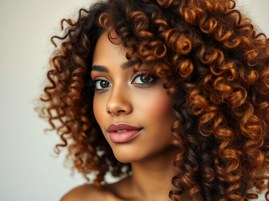 A hyper-realistic close-up of a woman showcasing vibrant, super full human hair curls. The focus is on the texture and volume of the hair, capturing the essence of curl confidence. The background is simple and soft to highlight the subject, with an RGB color of (50, 170, 39) subtly blended in the scene.