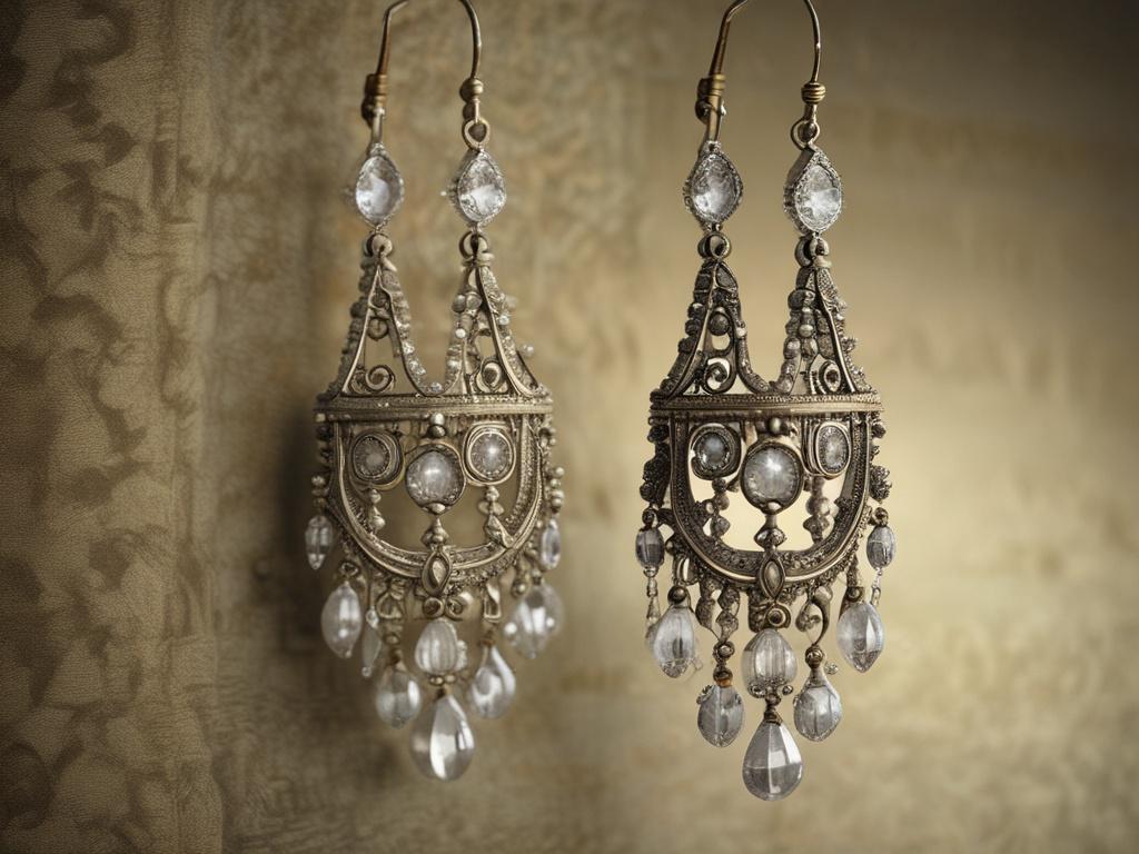 close up shot of vintage inspired chandelier earrings, intricate detailing,