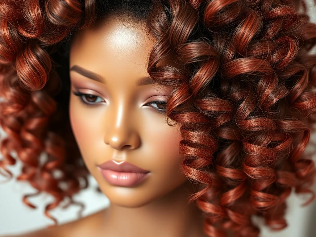 A striking close-up of a vibrant, full-bodied human hair wig featuring beautiful curls. The image should be captured with a soft, blurred background to bring focus to the wig's texture and color. Lighting should be bright yet soft, accentuating the curls and their natural movement. The composition must be clean and simple, showcasing only the wig, shot with a 45mm f/1.2 lens.