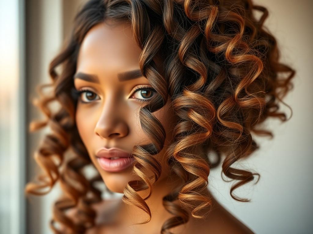 A vibrant close-up of a styled super full human hair wig, showcasing luscious, defined curls. The background should be softly out of focus to keep the attention on the wig's texture and shine. The lighting should be warm and inviting, enhancing the natural colors of the hair. The composition should highlight the wig elegantly, captured with a 45mm f/1.2 lens for a professional touch.