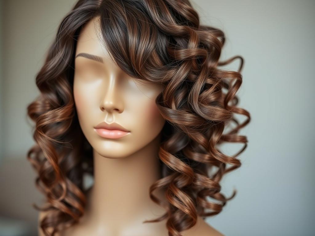 A highly detailed close-up of a beautiful human hair wig styled in natural curls. The wig should be showcased against a soft, blurred background to emphasize its texture. The lighting should highlight the rich tones and shine of the hair, with a focus on the curls. The composition should be simple and clear, featuring only the wig as the subject, captured with a 45mm f/1.2 lens style.