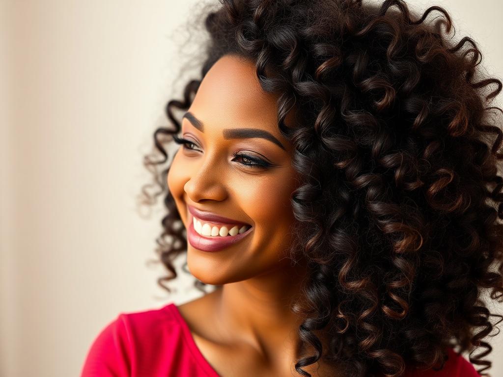 Create a realistic high-resolution photo that captures the essence of a blog titled "Embrace Your Curls: Tips for Styling Human Hair Wigs." The composition should be simple and clear, featuring a single subject: a smiling woman of diverse ethnicity wearing a beautifully styled full human hair wig with luscious curls. Her hair should be the focal point, showcasing the volume, bounce, and texture of the curls. 

The background should be soft and neutral, allowing the vibrant colors of the wig to stand out without distractions. Consider using a shallow depth of field to blur the background, ensuring that all attention is drawn to the subject and her hair. 

The lighting should be warm and flattering, highlighting the natural sheen of the human hair while creating soft shadows to add dimension. Capture this image in a close-up shot with a 45mm f/1.2 lens style, ensuring that the details of the curls are sharp and vivid. 

Optimally, the colors in the image should align with the primary color rgb(50, 170, 39) as an accent, subtly incorporated into the setting or the subject's clothing. This image should evoke a sense of confidence and joy, aligning with the theme of discovering expert advice on styling super full human hair wigs for curl confidence.