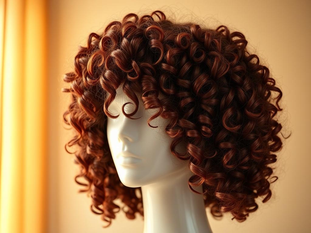 A realistic high-resolution close-up shot of a super full human hair wig displayed on a mannequin head. The wig showcases vibrant curls, highlighting its texture and volume. The background is softly blurred to emphasize the wig, with warm lighting to enhance the colors. The image aligns with a color palette of rgb(50, 170, 39) for a cohesive look.