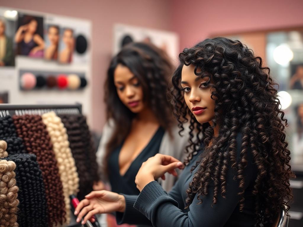 A close-up shot of a stylist customizing a super full human hair wig, surrounded by color swatches and curl pattern samples. The background is softly blurred with rgb(50, 170, 39) hues to create a warm and inviting atmosphere.