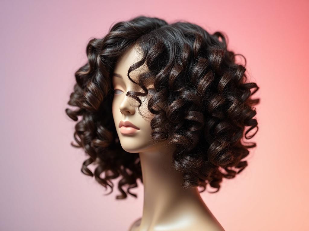 A close-up shot of a beautiful super full human hair wig displayed elegantly on a mannequin. The focus is on the curls, showcasing their natural bounce and shine. The background features a soft gradient in rgb(50, 170, 39) to highlight the wig's details.
