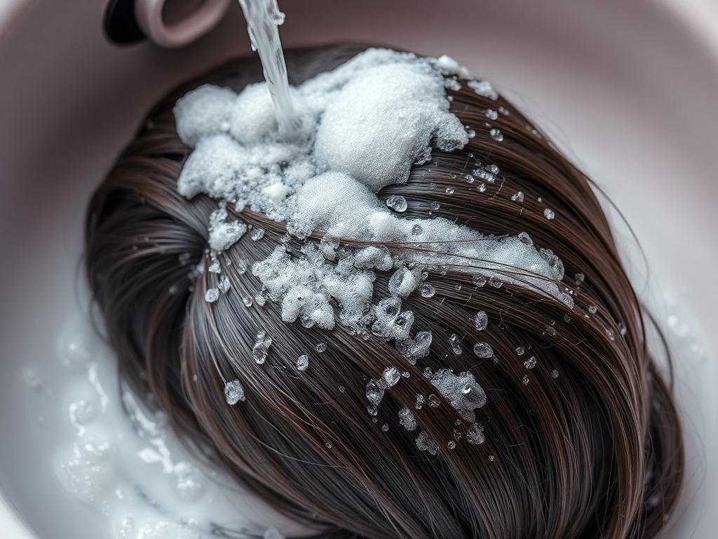 A close-up shot of a super full human hair wig being gently washed in a sink, with foam and water highlighting its texture. The background features soft hues of rgb(50, 170, 39) to emphasize the wig's beauty.