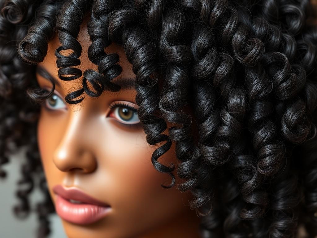 A hyper-realistic close-up shot of a Bouncy Kinky Curly Wig made from super full human hair. The wig features tight, well-defined curls that are full of life and bounce. The background is softly blurred to draw attention to the texture and vibrancy of the curls, with colors that complement rgb(50, 170, 39).