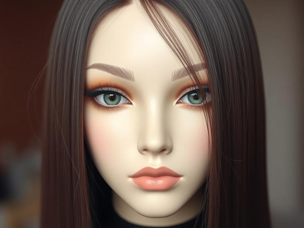 A hyper-realistic close-up shot of a Sleek Straight Wig made from super full human hair. The wig showcases a smooth, shiny, and straight style that beautifully frames the face. The background is softly blurred to emphasize the sleekness and quality of the hair, with a color palette that aligns with rgb(50, 170, 39).